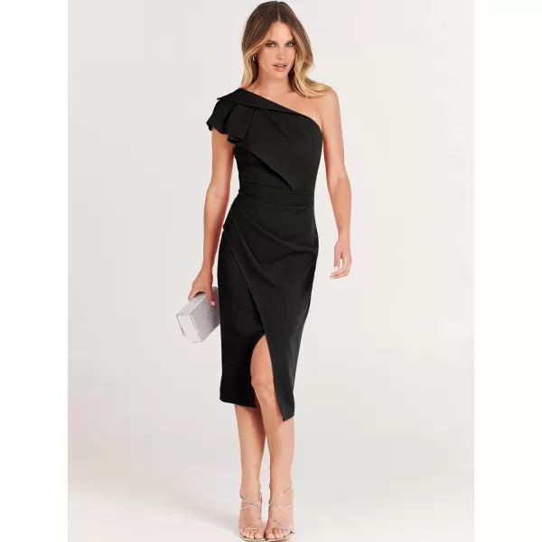 Caracilia Women's One Shoulder Sleeveless Dress Elegant Bodycon Ruched Slit Split Midi Party Dresses