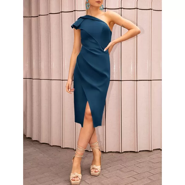 Caracilia Women's One Shoulder Sleeveless Dress Elegant Bodycon Ruched Slit Split Midi Party Dresses