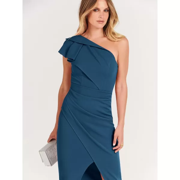 Caracilia Women's One Shoulder Sleeveless Dress Elegant Bodycon Ruched Slit Split Midi Party Dresses