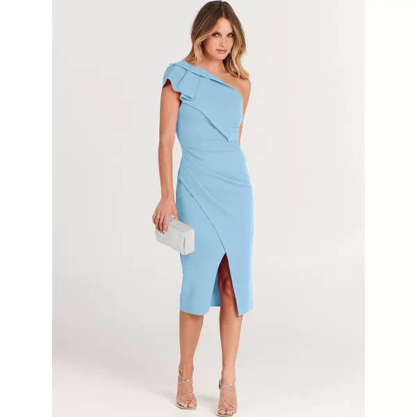 Caracilia Women's One Shoulder Sleeveless Dress Elegant Bodycon Ruched Slit Split Midi Party Dresses
