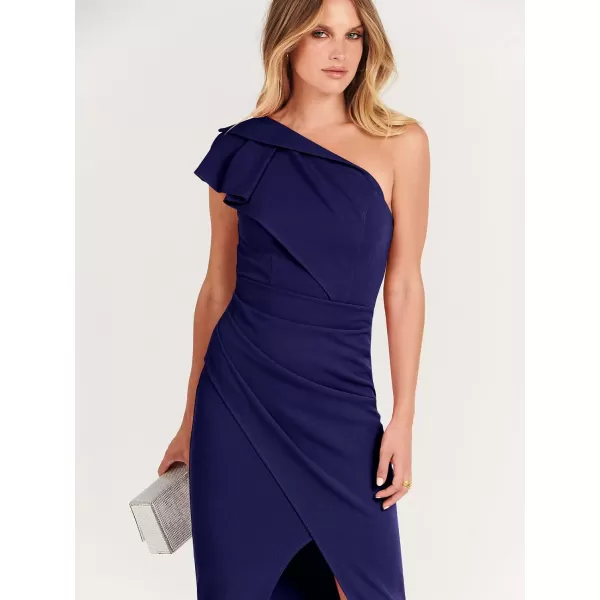 Caracilia Women's One Shoulder Sleeveless Dress Elegant Bodycon Ruched Slit Split Midi Party Dresses
