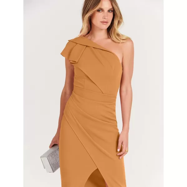Caracilia Women's One Shoulder Sleeveless Dress Elegant Bodycon Ruched Slit Split Midi Party Dresses