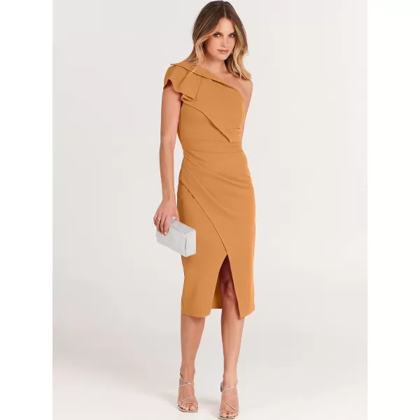 Caracilia Women's One Shoulder Sleeveless Dress Elegant Bodycon Ruched Slit Split Midi Party Dresses
