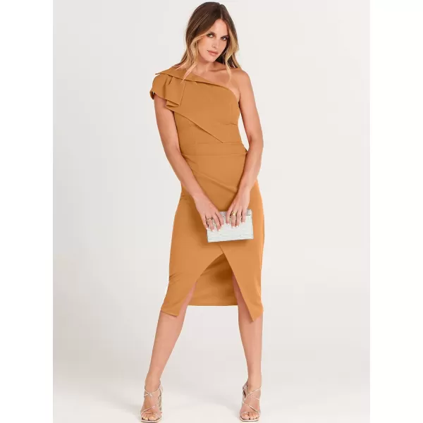 Caracilia Women's One Shoulder Sleeveless Dress Elegant Bodycon Ruched Slit Split Midi Party Dresses