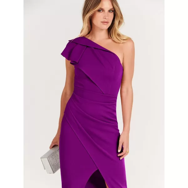 Caracilia Women's One Shoulder Sleeveless Dress Elegant Bodycon Ruched Slit Split Midi Party Dresses