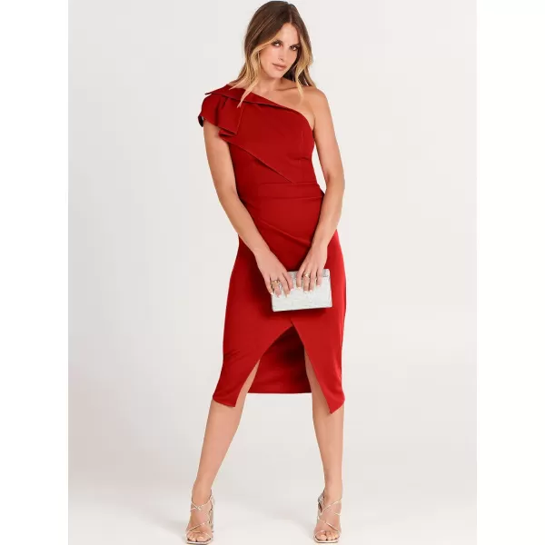 Caracilia Women's One Shoulder Sleeveless Dress Elegant Bodycon Ruched Slit Split Midi Party Dresses
