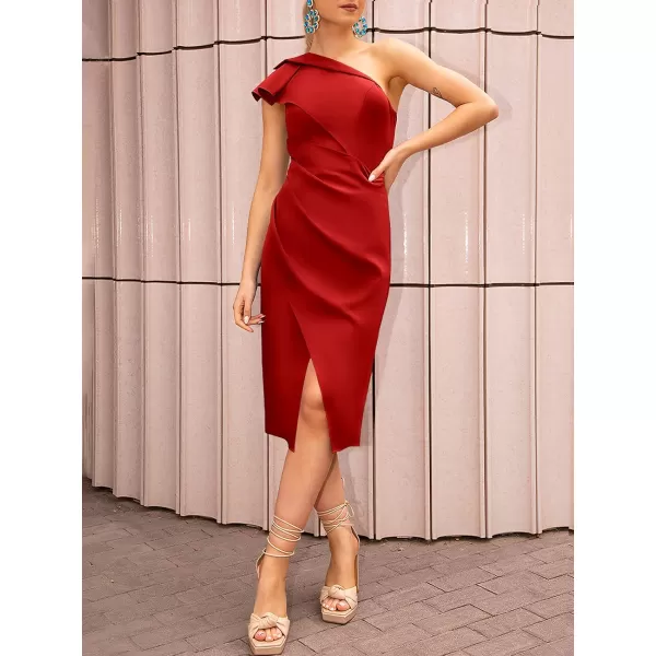 Caracilia Women's One Shoulder Sleeveless Dress Elegant Bodycon Ruched Slit Split Midi Party Dresses