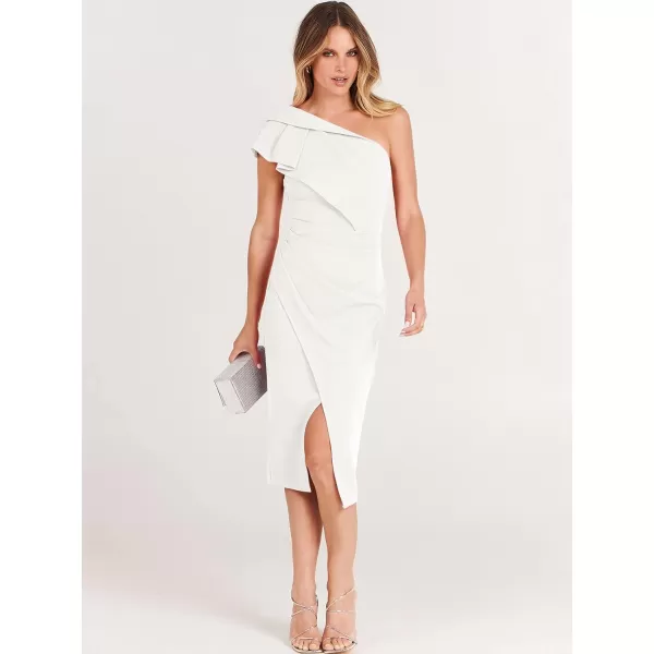 Caracilia Women's One Shoulder Sleeveless Dress Elegant Bodycon Ruched Slit Split Midi Party Dresses
