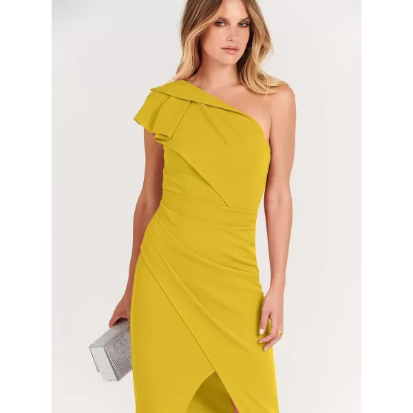 Caracilia Women's One Shoulder Sleeveless Dress Elegant Bodycon Ruched Slit Split Midi Party Dresses