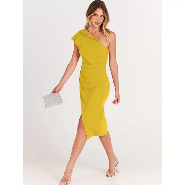 Caracilia Women's One Shoulder Sleeveless Dress Elegant Bodycon Ruched Slit Split Midi Party Dresses