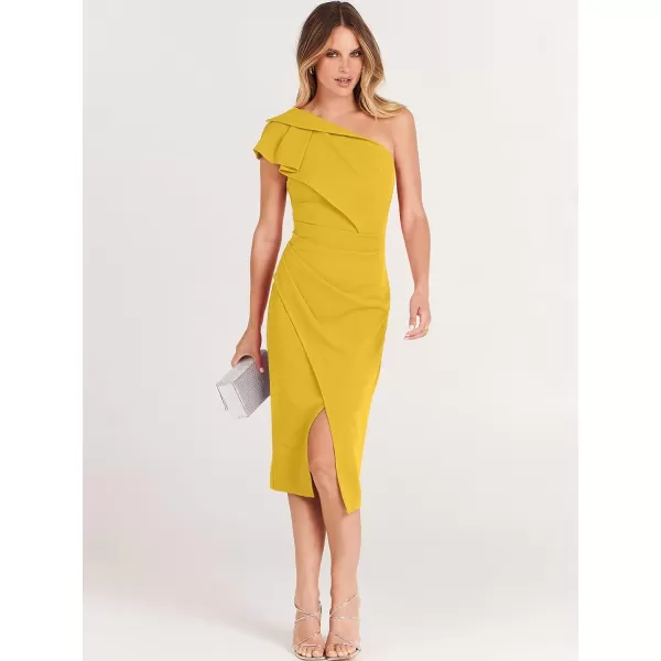 Caracilia Women's One Shoulder Sleeveless Dress Elegant Bodycon Ruched Slit Split Midi Party Dresses