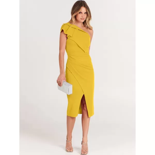 Caracilia Women's One Shoulder Sleeveless Dress Elegant Bodycon Ruched Slit Split Midi Party Dresses