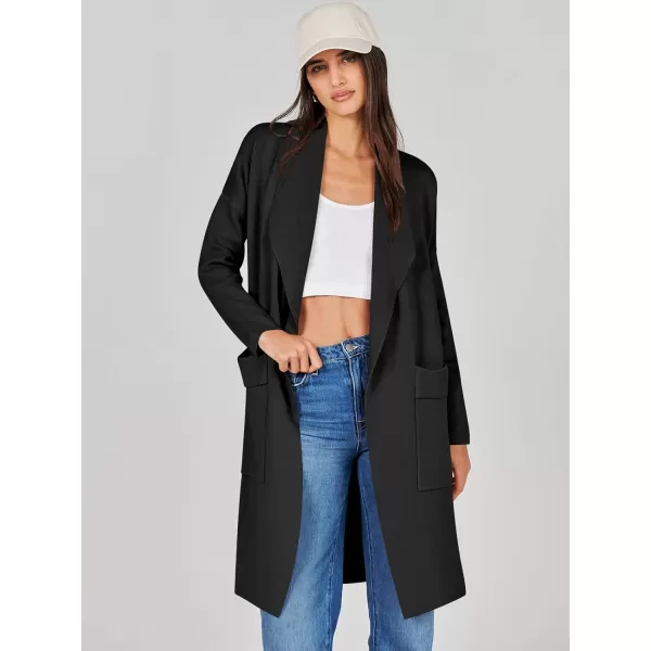 Caracilia Women's Open Front Knit Cardigan Long Sleeve Lapel Casual Solid Classy Sweater Jacket with Pockets