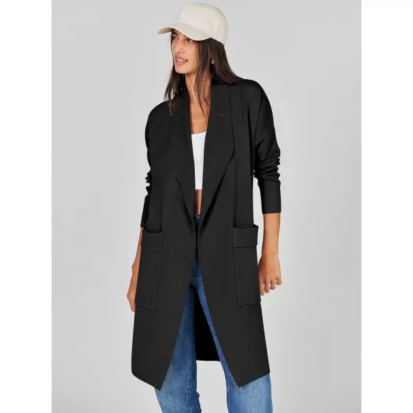 Caracilia Women's Open Front Knit Cardigan Long Sleeve Lapel Casual Solid Classy Sweater Jacket with Pockets