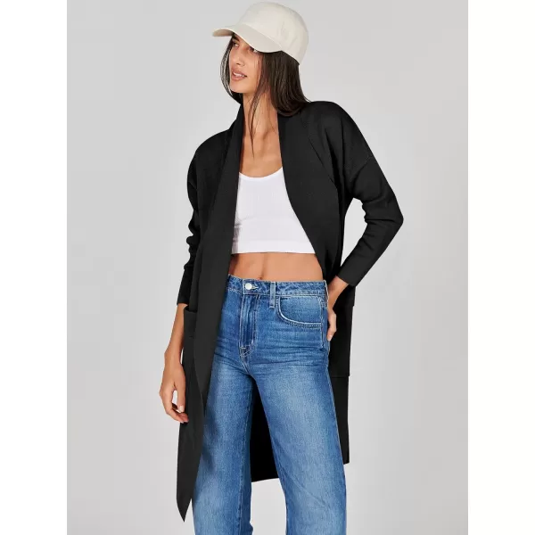 Caracilia Women's Open Front Knit Cardigan Long Sleeve Lapel Casual Solid Classy Sweater Jacket with Pockets