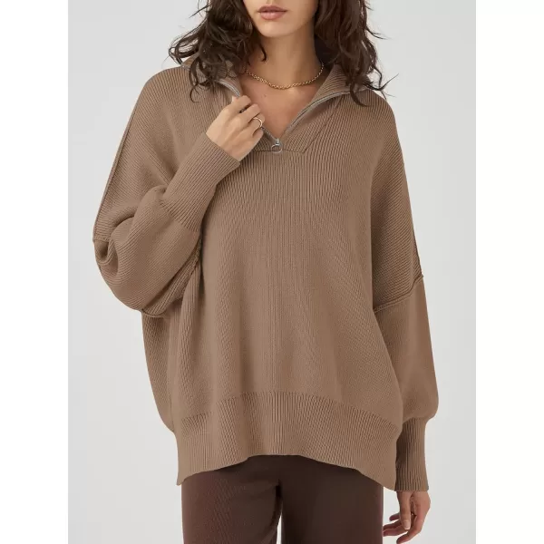 Caracilia Women's Oversized Sweater 2023 1/4 Zipper Collar Long Sleeve Drop Shoulder Slouchy Pullover Top