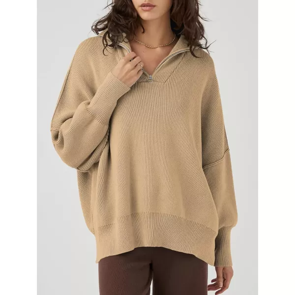 Caracilia Women's Oversized Sweater 2023 1/4 Zipper Collar Long Sleeve Drop Shoulder Slouchy Pullover Top