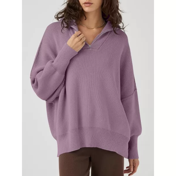 Caracilia Women's Oversized Sweater 2023 1/4 Zipper Collar Long Sleeve Drop Shoulder Slouchy Pullover Top