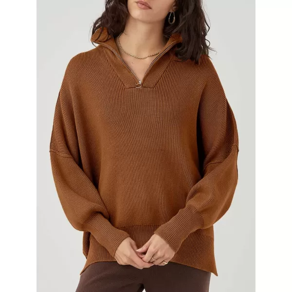 Caracilia Women's Oversized Sweater 2023 1/4 Zipper Collar Long Sleeve Drop Shoulder Slouchy Pullover Top