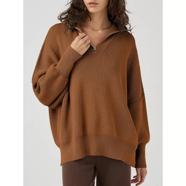Caracilia Women's Oversized Sweater 2023 1/4 Zipper Collar Long Sleeve Drop Shoulder Slouchy Pullover Top