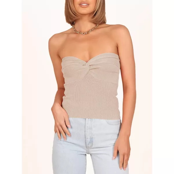 Caracilia Women's Strapless Tube Tops Sexy Sweetheart Neck Ribbed Knit Twist Knot Front Sleeveless Y2K Corset Crop Tank Top