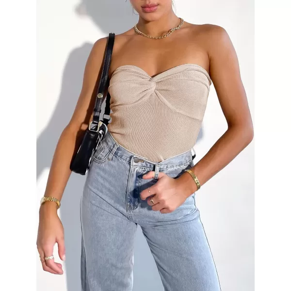 Caracilia Women's Strapless Tube Tops Sexy Sweetheart Neck Ribbed Knit Twist Knot Front Sleeveless Y2K Corset Crop Tank Top