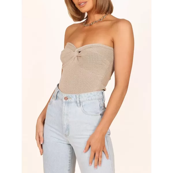 Caracilia Women's Strapless Tube Tops Sexy Sweetheart Neck Ribbed Knit Twist Knot Front Sleeveless Y2K Corset Crop Tank Top