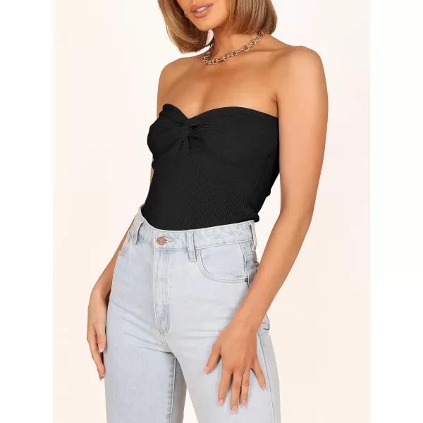 Caracilia Women's Strapless Tube Tops Sexy Sweetheart Neck Ribbed Knit Twist Knot Front Sleeveless Y2K Corset Crop Tank Top