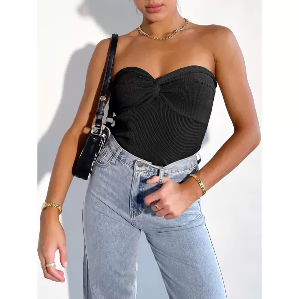 Caracilia Women's Strapless Tube Tops Sexy Sweetheart Neck Ribbed Knit Twist Knot Front Sleeveless Y2K Corset Crop Tank Top