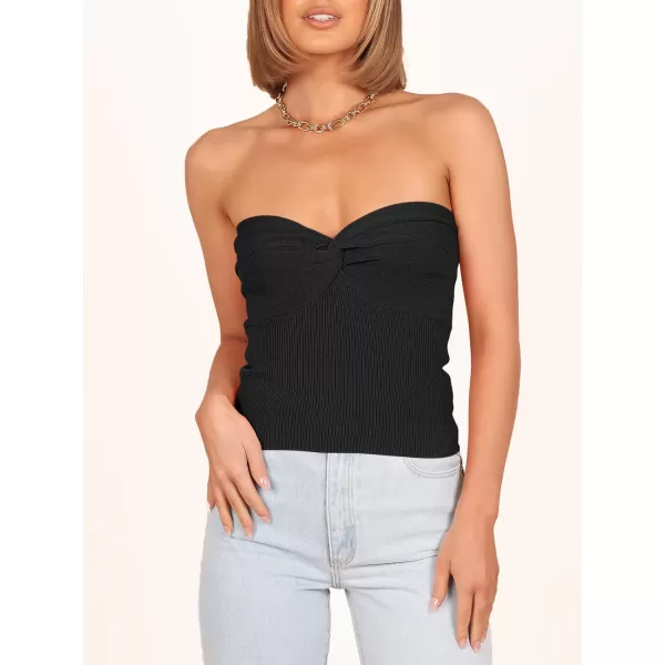 Caracilia Women's Strapless Tube Tops Sexy Sweetheart Neck Ribbed Knit Twist Knot Front Sleeveless Y2K Corset Crop Tank Top