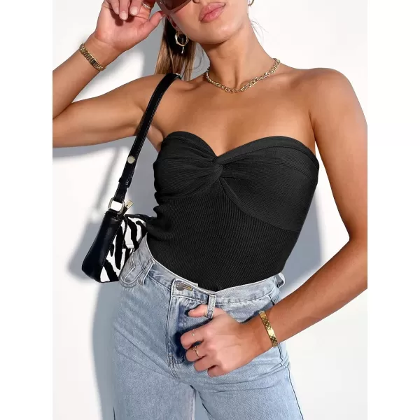 Caracilia Women's Strapless Tube Tops Sexy Sweetheart Neck Ribbed Knit Twist Knot Front Sleeveless Y2K Corset Crop Tank Top