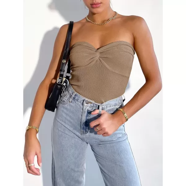 Caracilia Women's Strapless Tube Tops Sexy Sweetheart Neck Ribbed Knit Twist Knot Front Sleeveless Y2K Corset Crop Tank Top