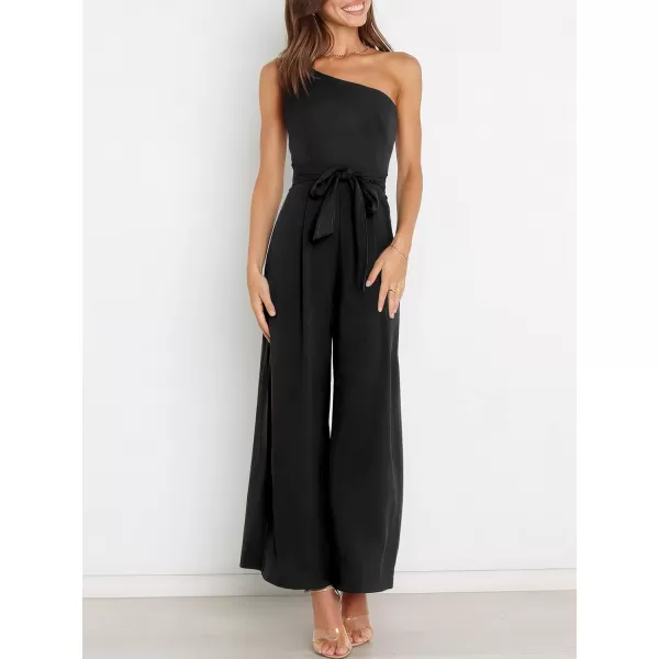 Caracilia Women's Summer Dressy One Shoulder Strap Tie Waist Zipper Back Wide Leg Jumpsuit Rompers with Pockets