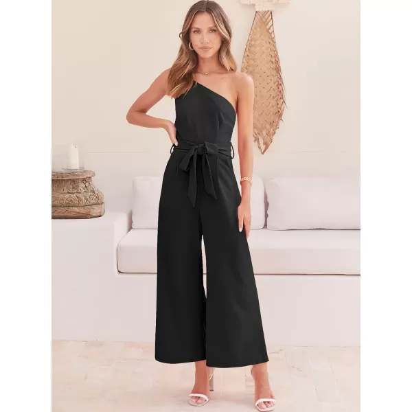 Caracilia Women's Summer Dressy One Shoulder Strap Tie Waist Zipper Back Wide Leg Jumpsuit Rompers with Pockets