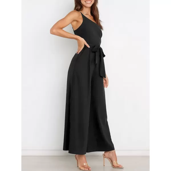 Caracilia Women's Summer Dressy One Shoulder Strap Tie Waist Zipper Back Wide Leg Jumpsuit Rompers with Pockets