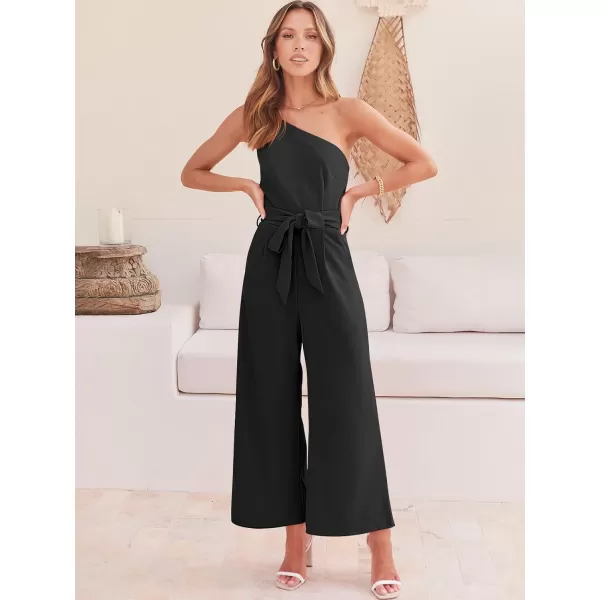 Caracilia Women's Summer Dressy One Shoulder Strap Tie Waist Zipper Back Wide Leg Jumpsuit Rompers with Pockets