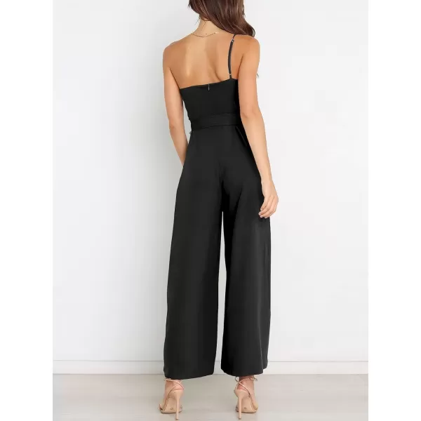 Caracilia Women's Summer Dressy One Shoulder Strap Tie Waist Zipper Back Wide Leg Jumpsuit Rompers with Pockets