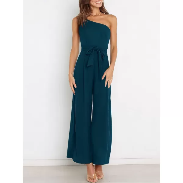 Caracilia Women's Summer Dressy One Shoulder Strap Tie Waist Zipper Back Wide Leg Jumpsuit Rompers with Pockets