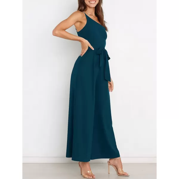 Caracilia Women's Summer Dressy One Shoulder Strap Tie Waist Zipper Back Wide Leg Jumpsuit Rompers with Pockets