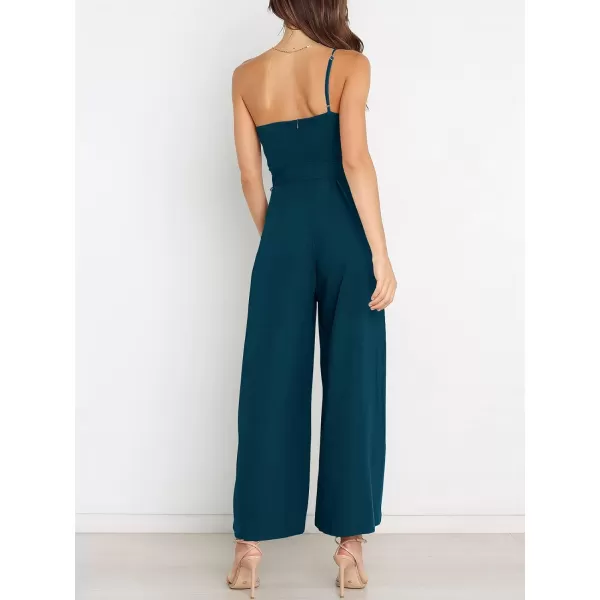 Caracilia Women's Summer Dressy One Shoulder Strap Tie Waist Zipper Back Wide Leg Jumpsuit Rompers with Pockets