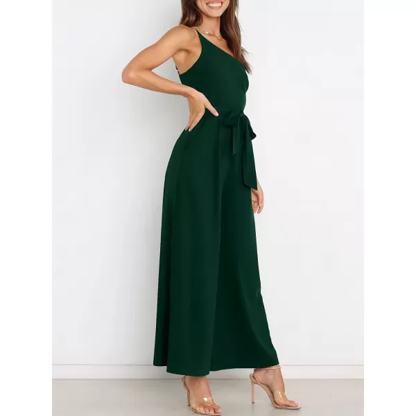 Caracilia Women's Summer Dressy One Shoulder Strap Tie Waist Zipper Back Wide Leg Jumpsuit Rompers with Pockets