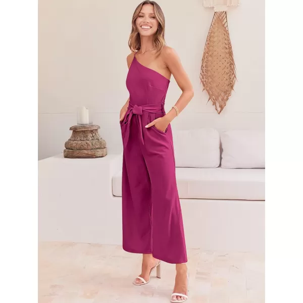 Caracilia Women's Summer Dressy One Shoulder Strap Tie Waist Zipper Back Wide Leg Jumpsuit Rompers with Pockets