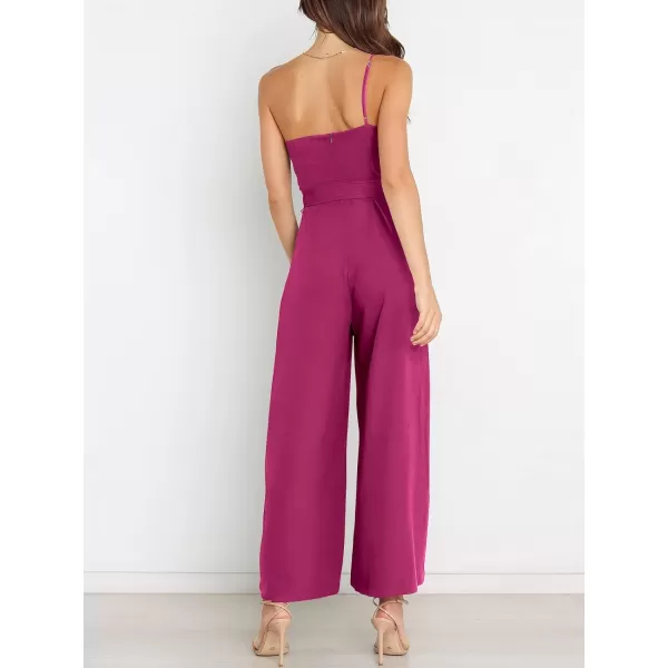 Caracilia Women's Summer Dressy One Shoulder Strap Tie Waist Zipper Back Wide Leg Jumpsuit Rompers with Pockets
