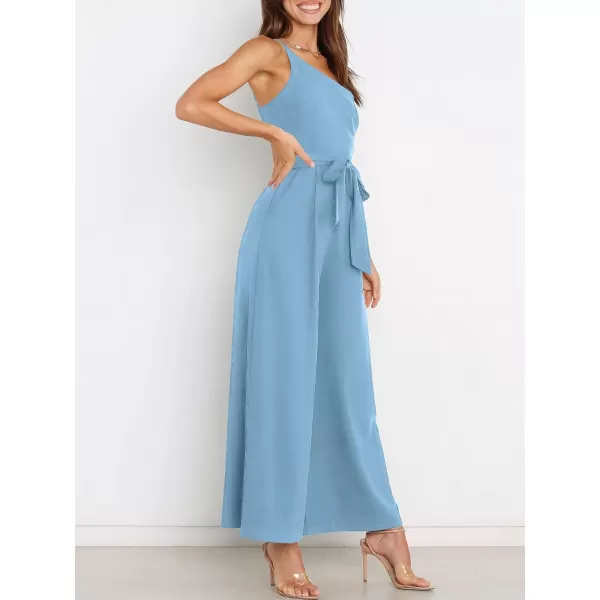 Caracilia Women's Summer Dressy One Shoulder Strap Tie Waist Zipper Back Wide Leg Jumpsuit Rompers with Pockets