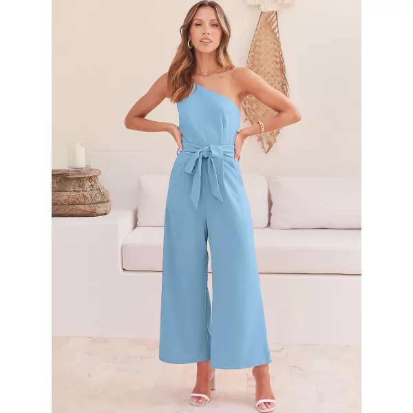 Caracilia Women's Summer Dressy One Shoulder Strap Tie Waist Zipper Back Wide Leg Jumpsuit Rompers with Pockets