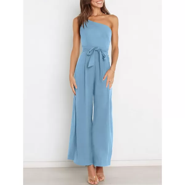 Caracilia Women's Summer Dressy One Shoulder Strap Tie Waist Zipper Back Wide Leg Jumpsuit Rompers with Pockets