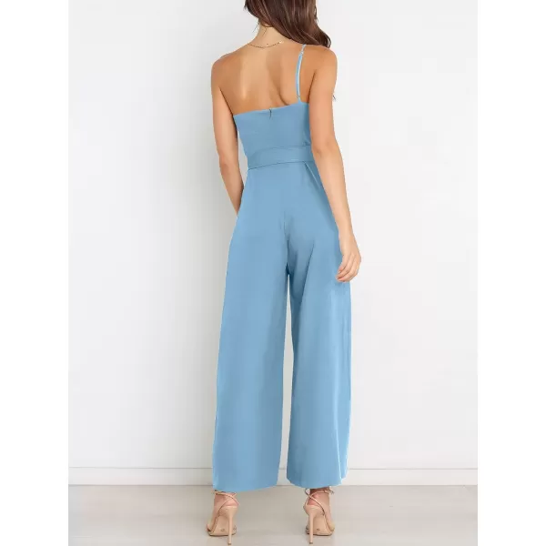 Caracilia Women's Summer Dressy One Shoulder Strap Tie Waist Zipper Back Wide Leg Jumpsuit Rompers with Pockets