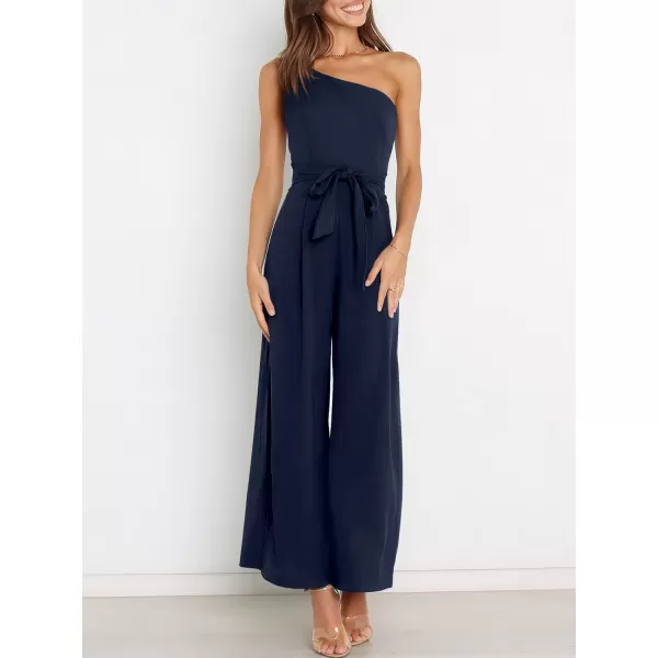 Caracilia Women's Summer Dressy One Shoulder Strap Tie Waist Zipper Back Wide Leg Jumpsuit Rompers with Pockets