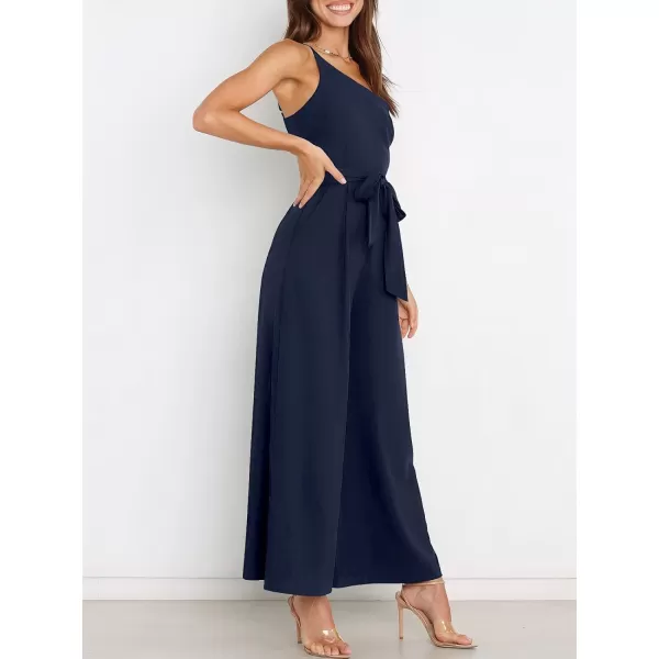 Caracilia Women's Summer Dressy One Shoulder Strap Tie Waist Zipper Back Wide Leg Jumpsuit Rompers with Pockets