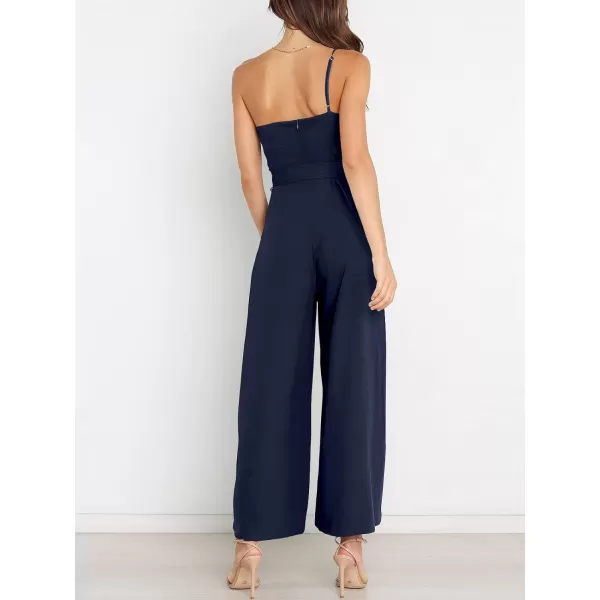 Caracilia Women's Summer Dressy One Shoulder Strap Tie Waist Zipper Back Wide Leg Jumpsuit Rompers with Pockets